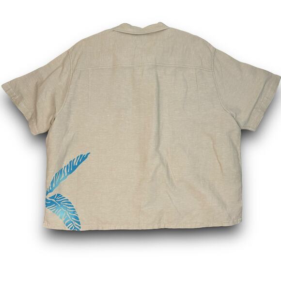 Caribbean Mens Linen Blend Tan Short Sleeve Tropical Leaf Button Front Shirt 3XB - Picture 5 of 6